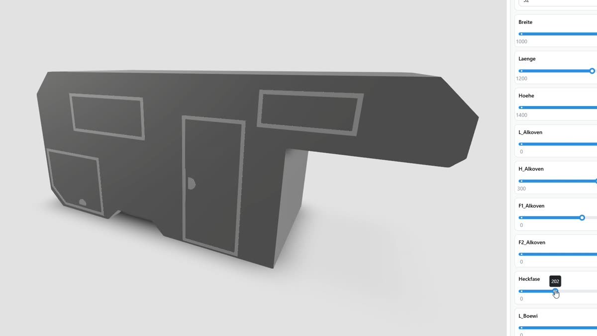 Kabinenkonfigurator mit 3D-Modell und Parametersteuerung